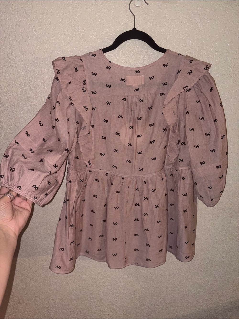 🎀NWT Umgee "Bow🎀 Babydoll Blouse w/3/4 Puff Sleeves w/Ruffles” Mauve💗Black🖤Small - Picture 13 of 14